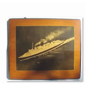Inlaid wood plaque of an ocean liner