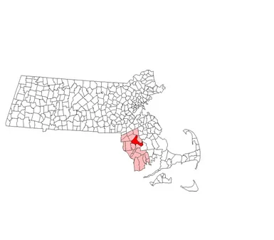 Map of Massachusetts with Taunton highlighted